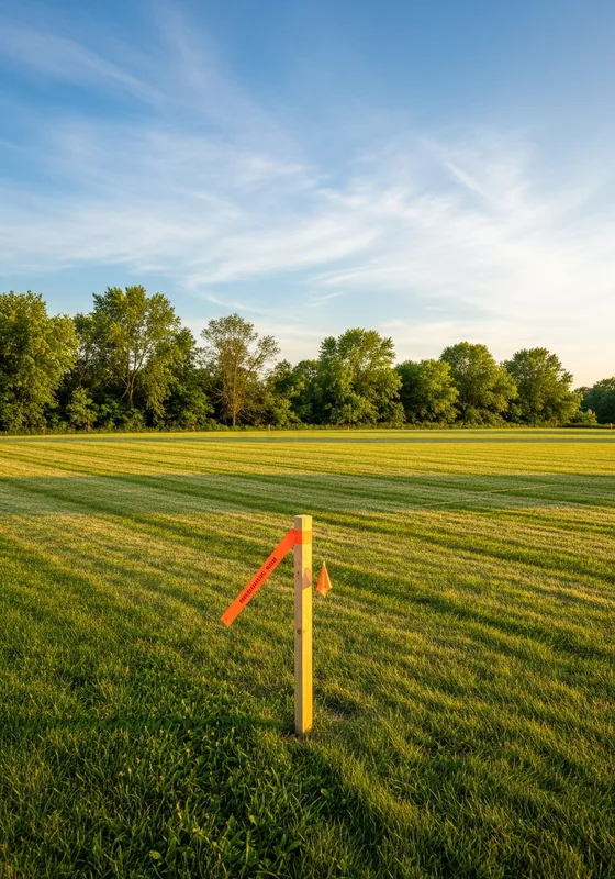 A cleared, buildable New Jersey land parcel with mowed green grass, mature trees along the edge, and a wooden survey stake with orange flagging marking the lot — the kind of parcel TRELIA purchases directly from owners.